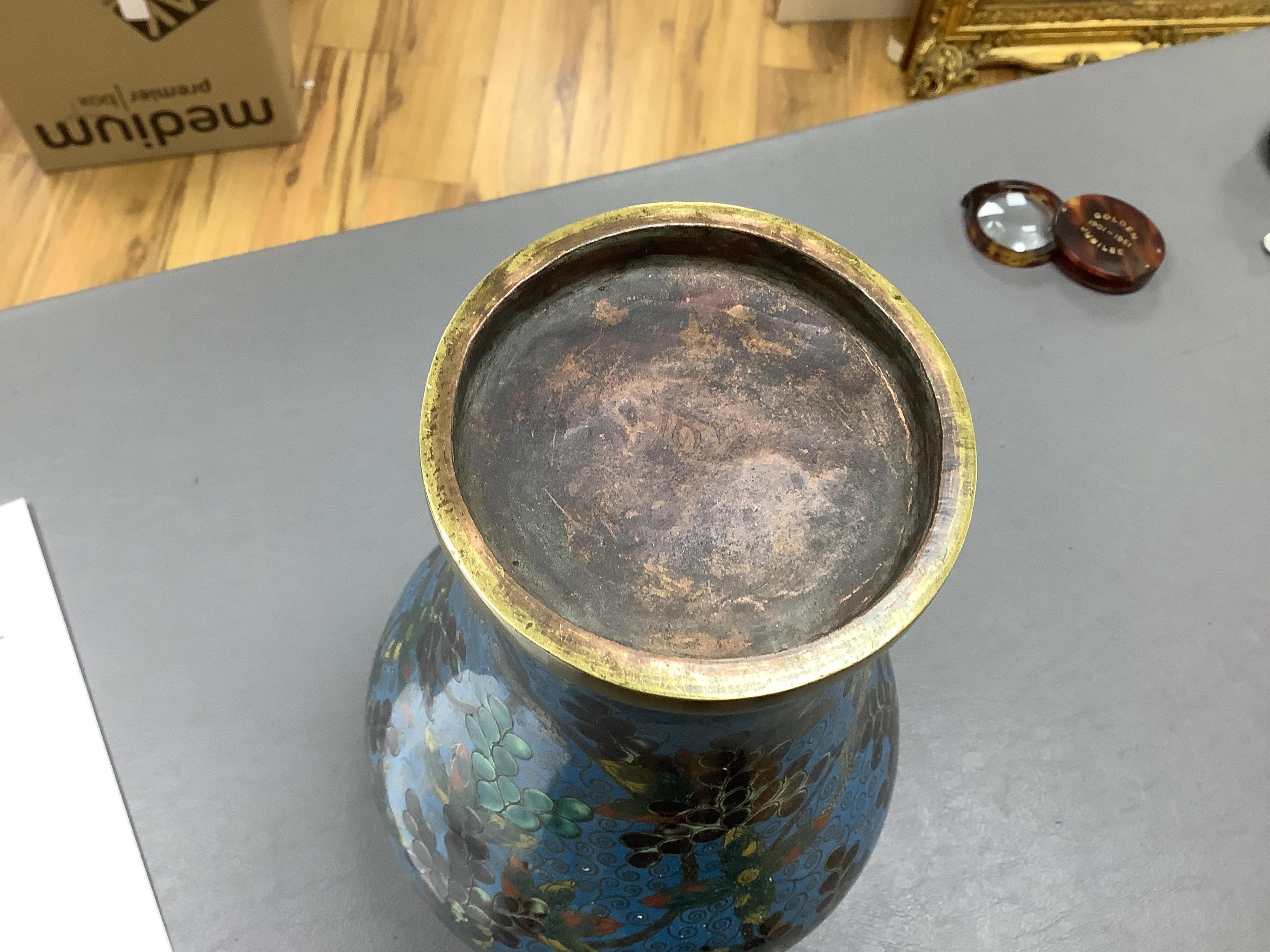 A late 19th / early 20th century Chinese cloisonné enamel 'Squirrel and vine' meiping, 27cm